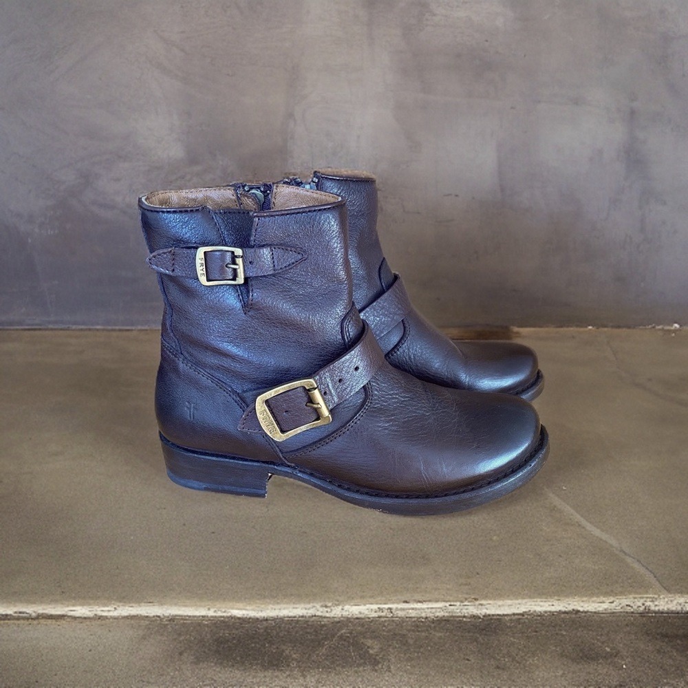 Frye Vicky 6" Buckled Biker‎ Boot in Dark Brown